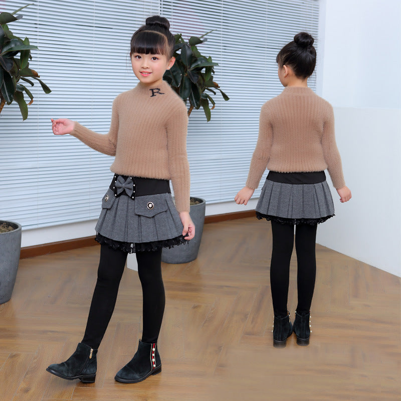 Thickened Fleece-Lined Base Leggings With Beaded Bow In Two Colors