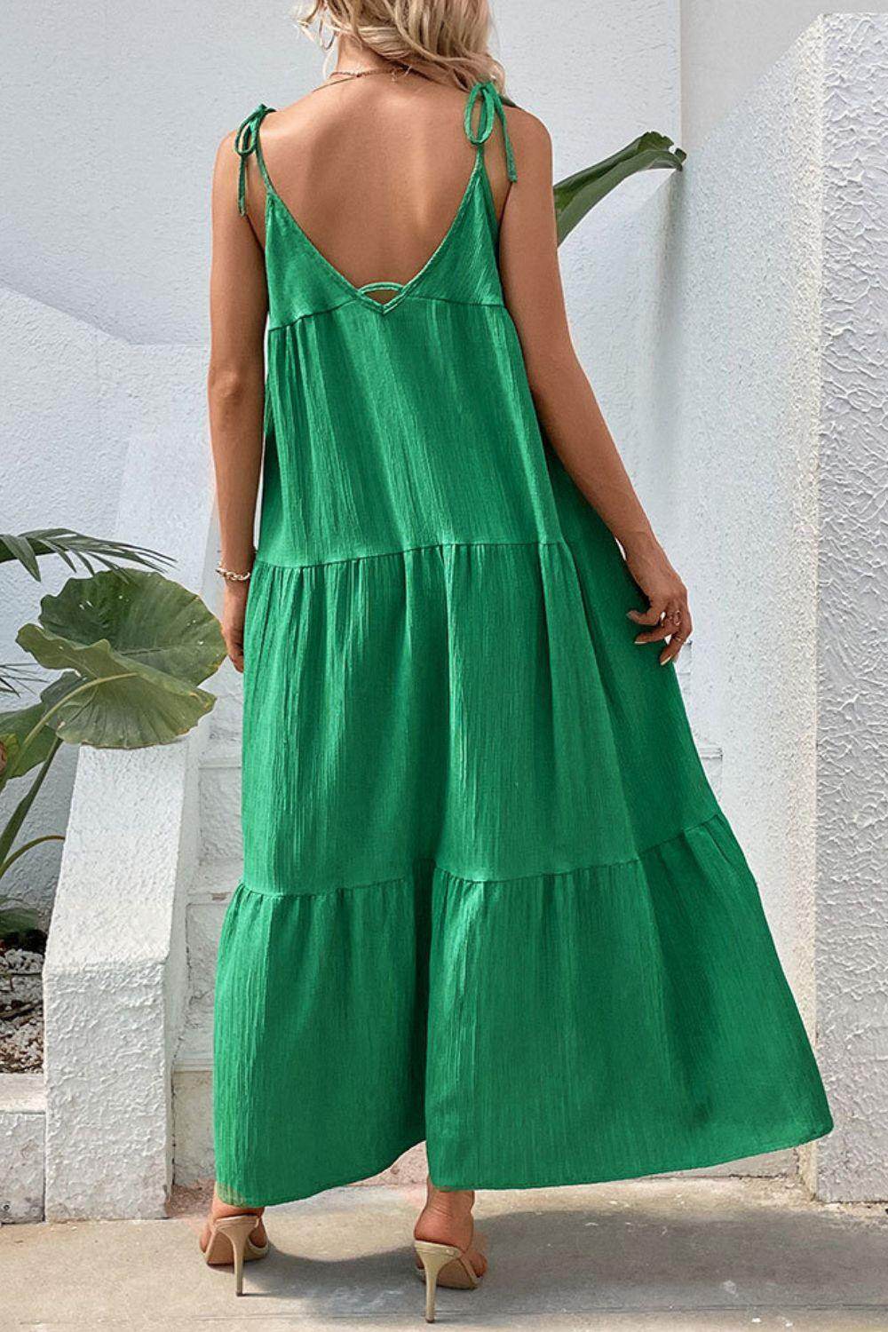 Perfee Tie-Shoulder Tiered Maxi Dress for Vacation Wear