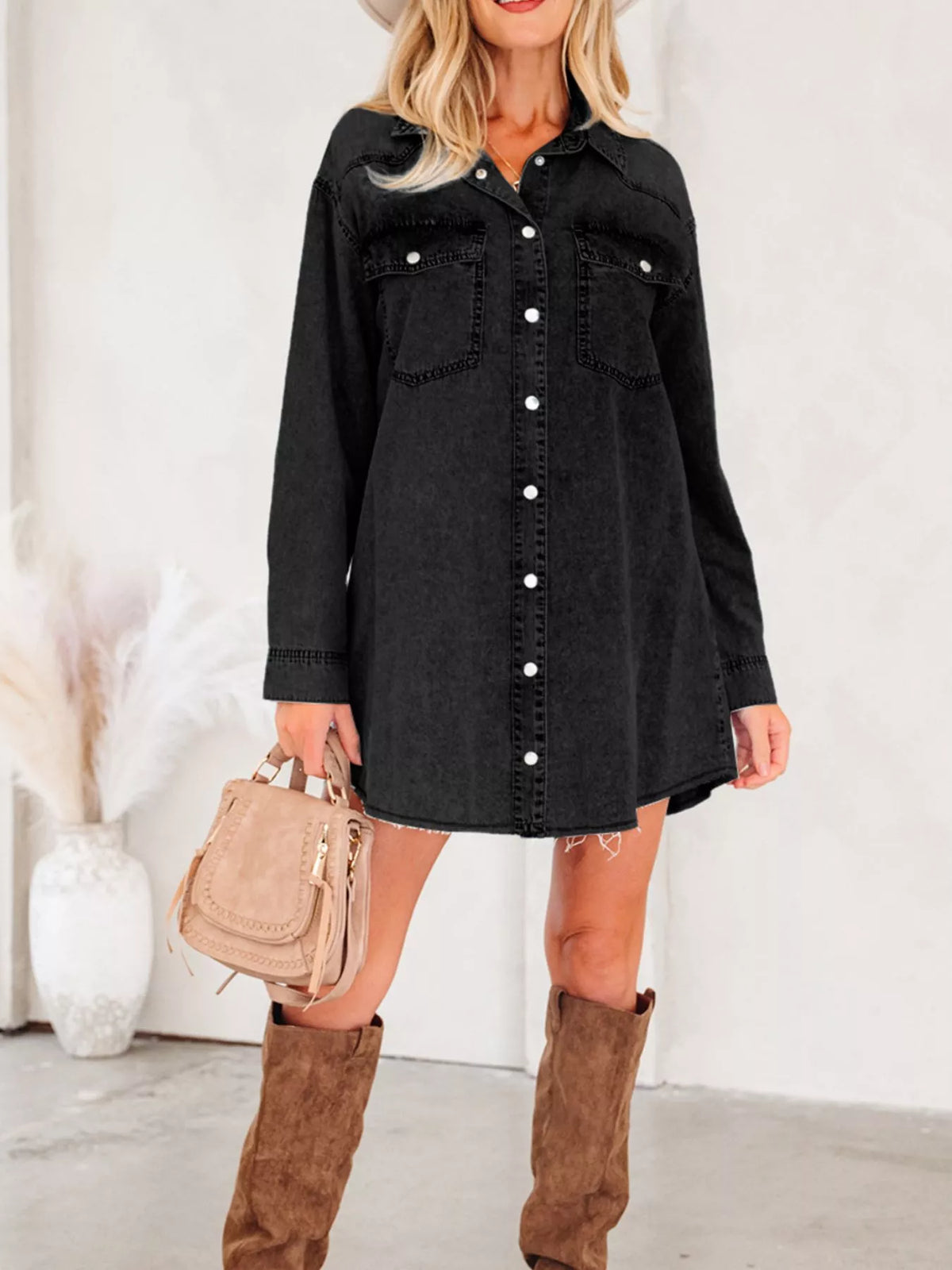 Chest Pocket Raw Hem Denim Loose Shirt Dress