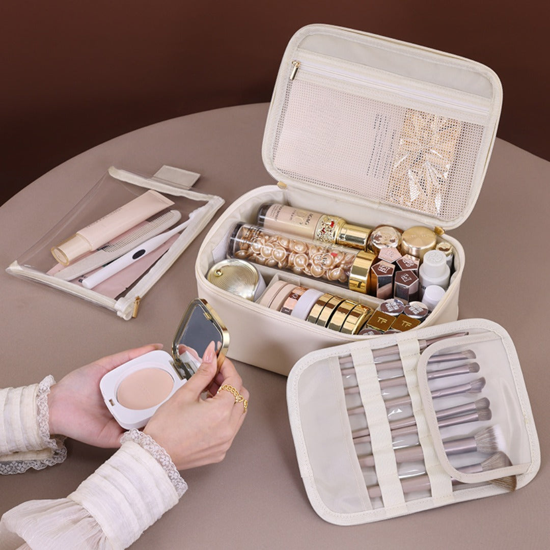 Makeup bag with compartments, makeup bag organizer, 6 large divisions portable large capacity high-end makeup bag, travel makeup brush cosmetic storage bag