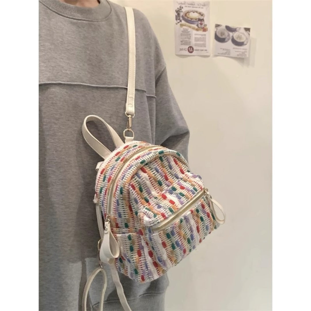 Rainbow Knit Mini Backpack – Stylish Spring and Summer Travel Backpack Purse, Fashionable Mini Backpack for Everyday Use