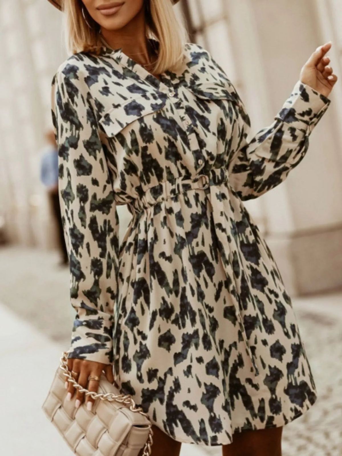 Printed Button Front Long Sleeve Dress