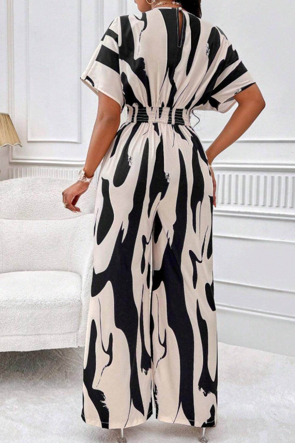 Printed V-Neck Short Sleeve Wide Leg Jumpsuit for Women