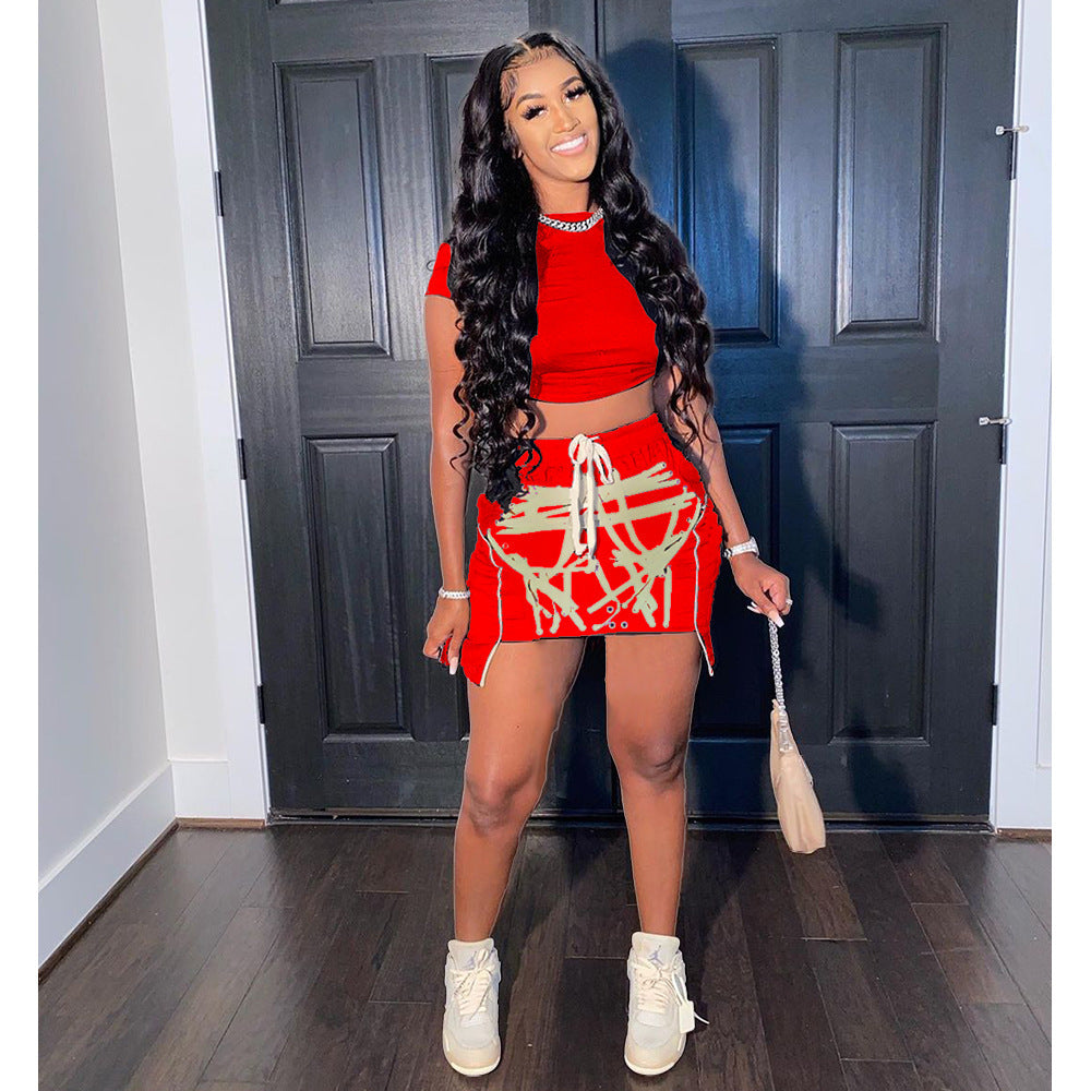 Drawstring Midriff Outfit Short Sleeves Skirt