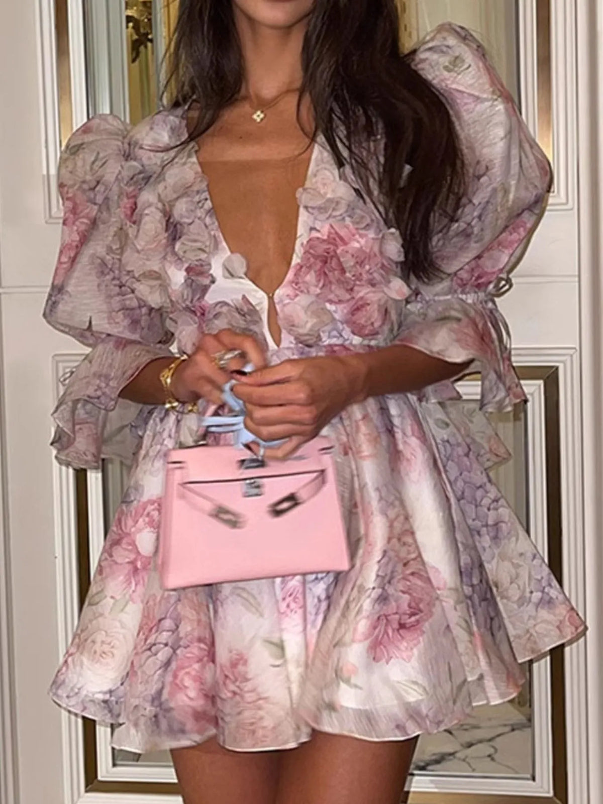 Floral Print Ruffled Mini Dress with Deep V-Neck
