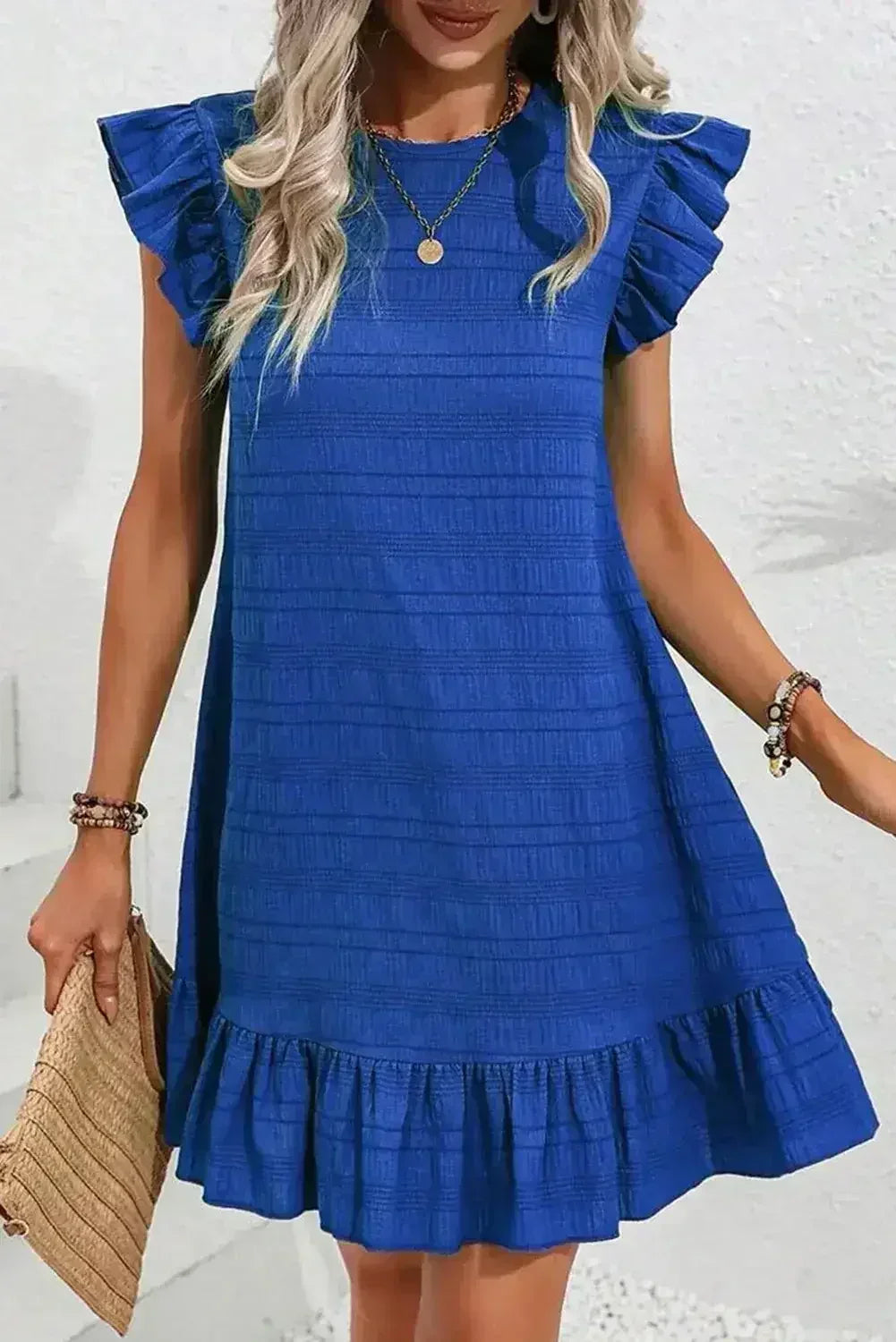 Dark Blue Textured Flutter Sleeve Ruffle Mini Dress