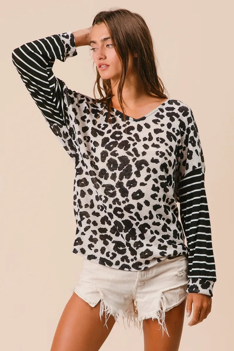 BiBi Leopard Hacci Knit Twist Back Top With Stripe Sleeve