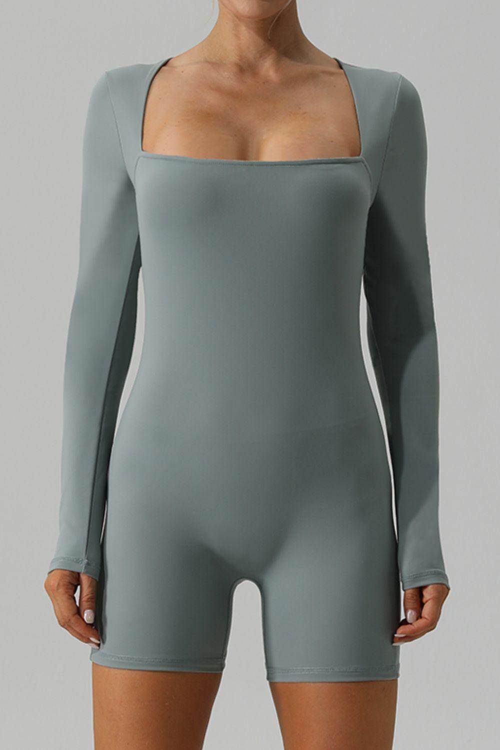 Square Neck Long Sleeve Active Romper for Women Fitness