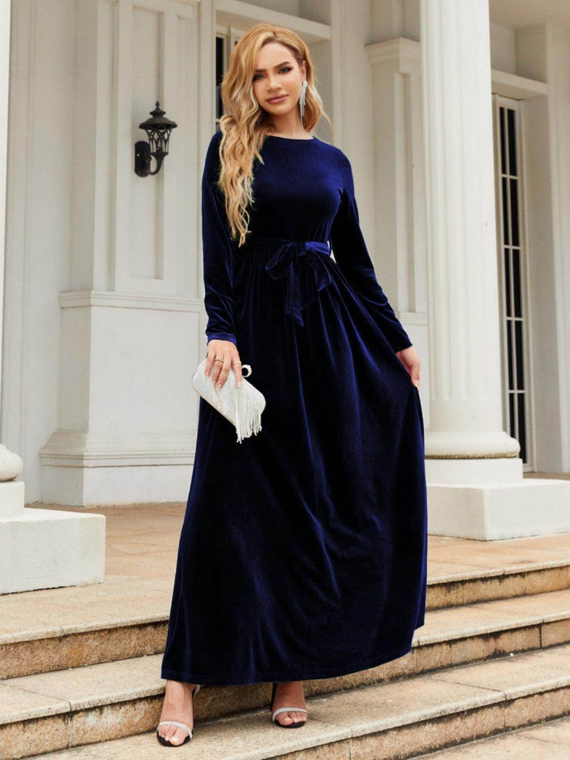 Tie Front Round Neck Long Sleeve Maxi Dress for Women