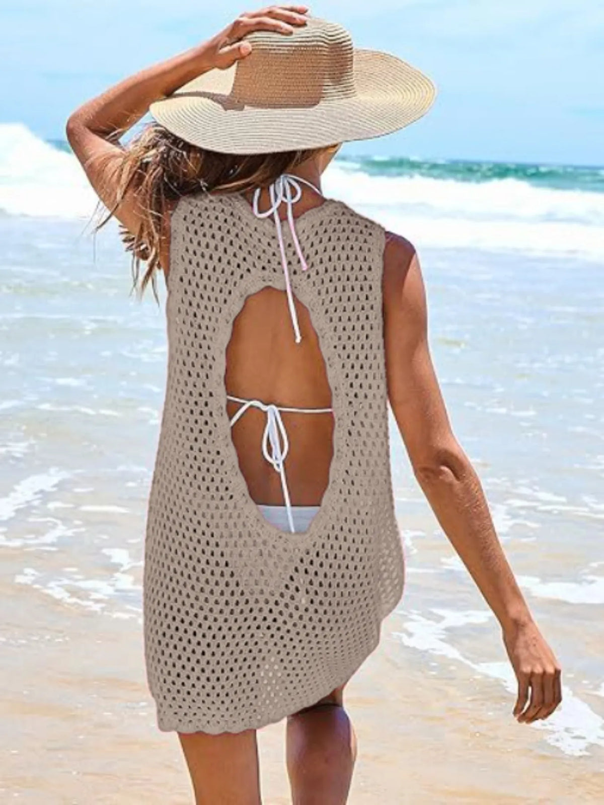 Color Block Openwork Sleeveless Cutout Back Cover-Up