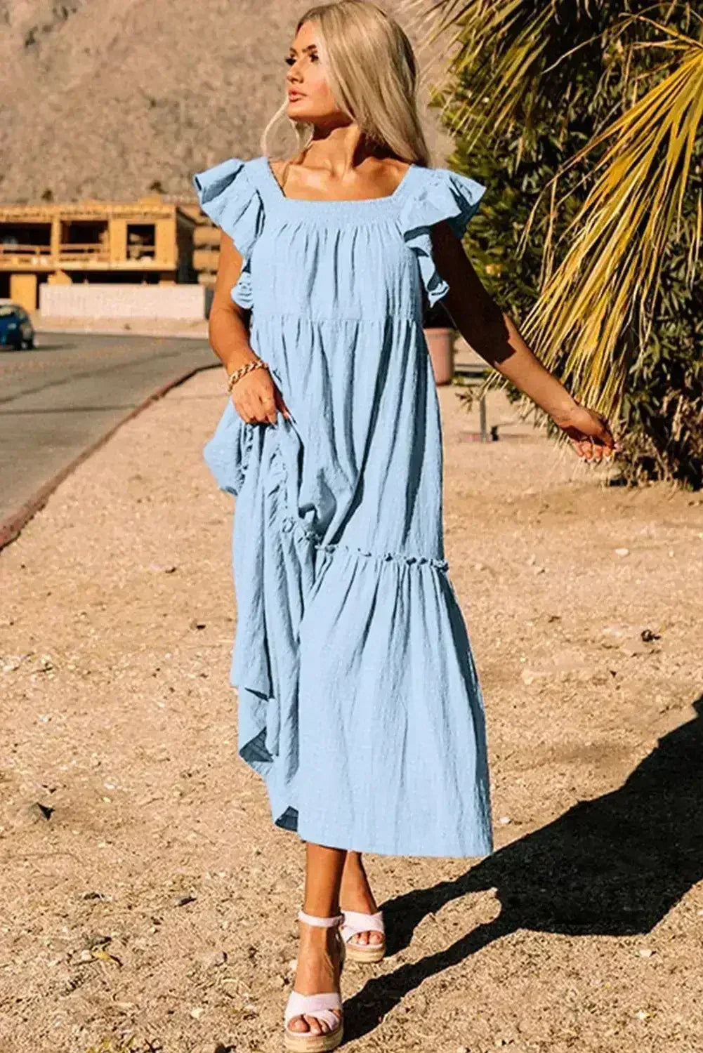 Purple Ruffled Flutter Sleeve Square Neck Textured Tiered Maxi Dress