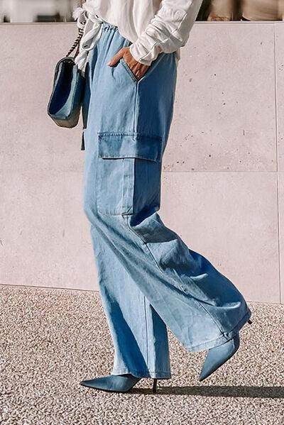 Drawstring Cargo Pocket Wide Leg Jeans for All-Day Comfort