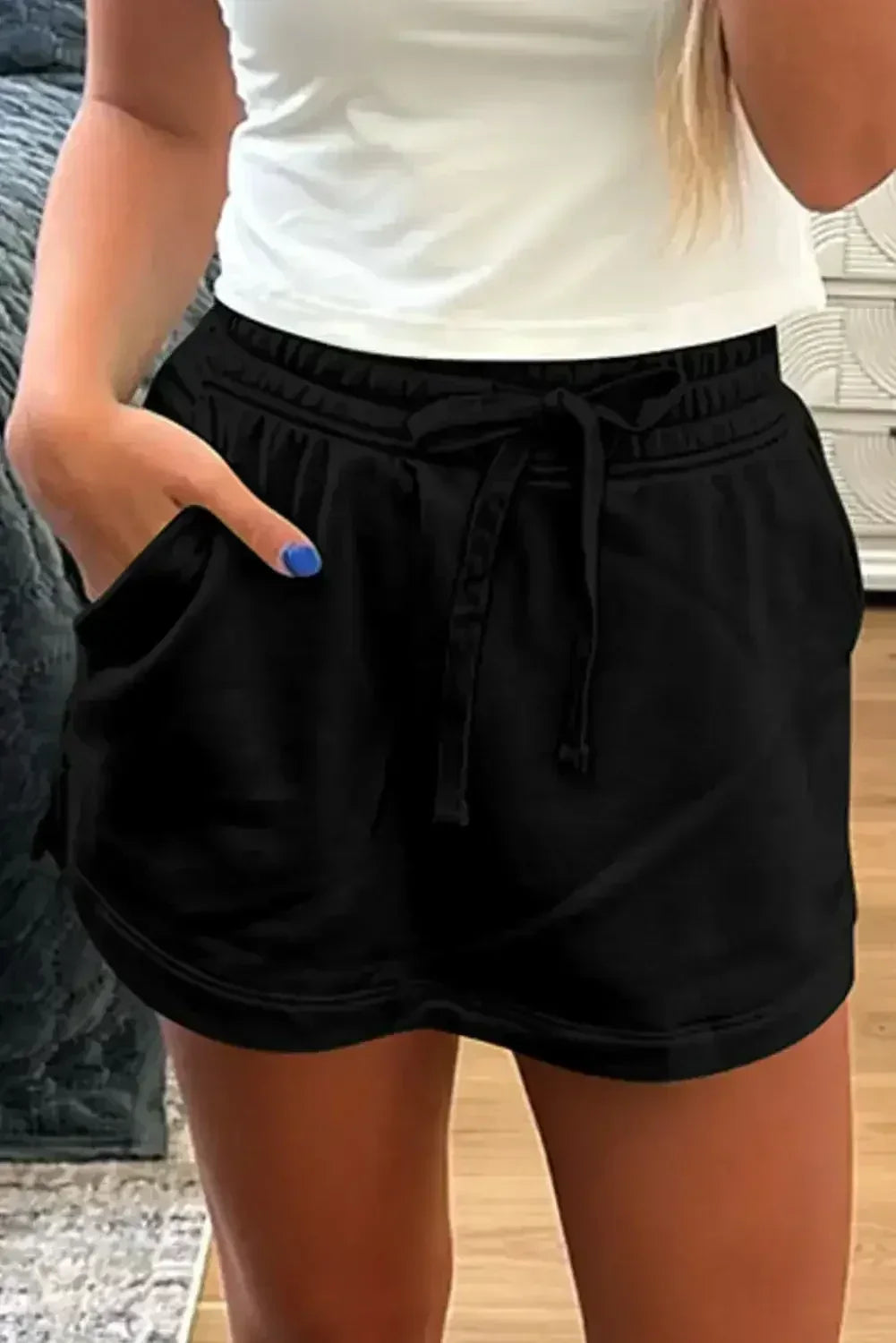 Black French Terry Drawstring Mini Skort with Pockets