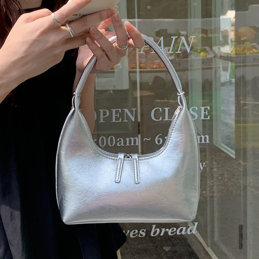 Silver mini hobo shoulder bag, small shoulder purse, women&