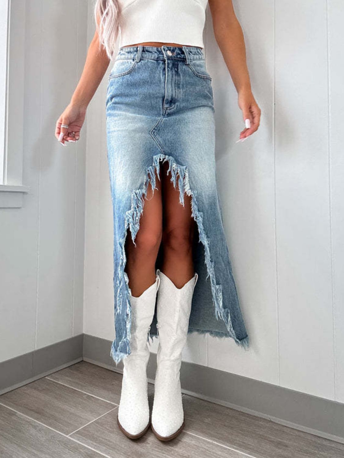 High-Waist Raw Hem Asymmetry Denim Skirt