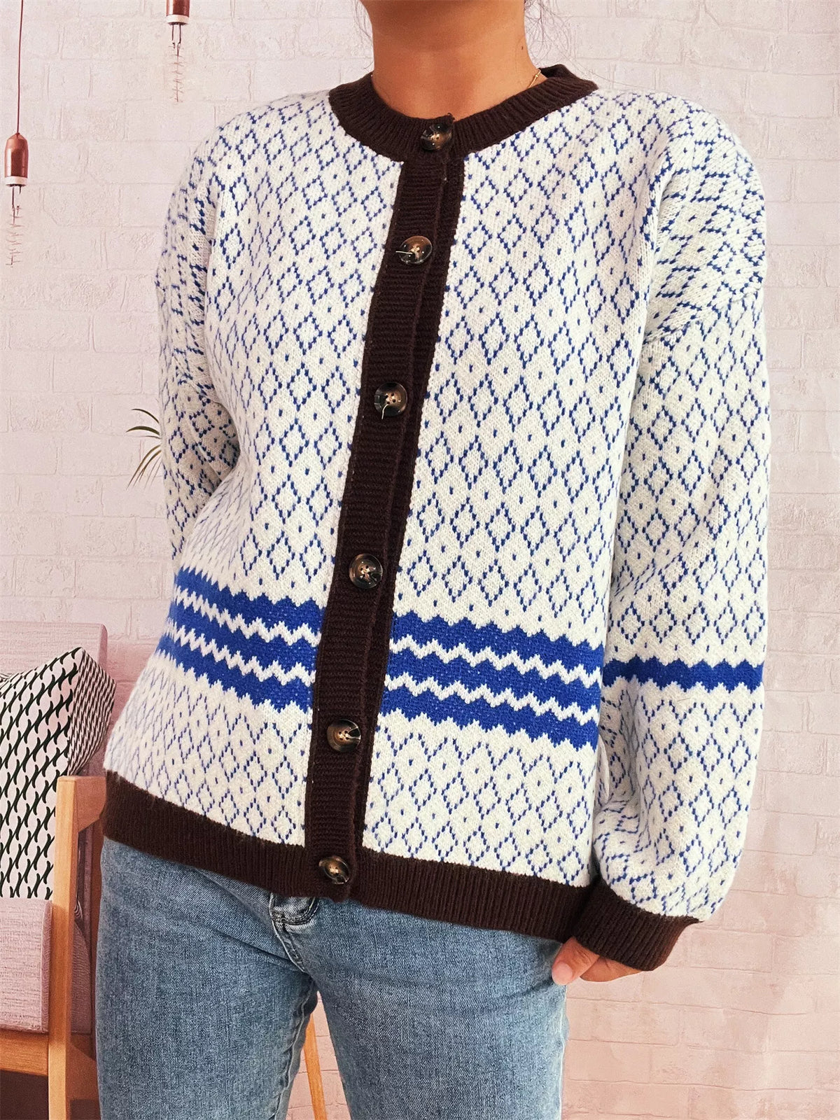 Geometric Pattern Button Up Cardigan