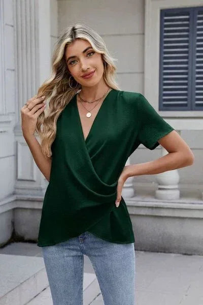 Out of State - Solid Color Surplice Short Sleeve Blouse