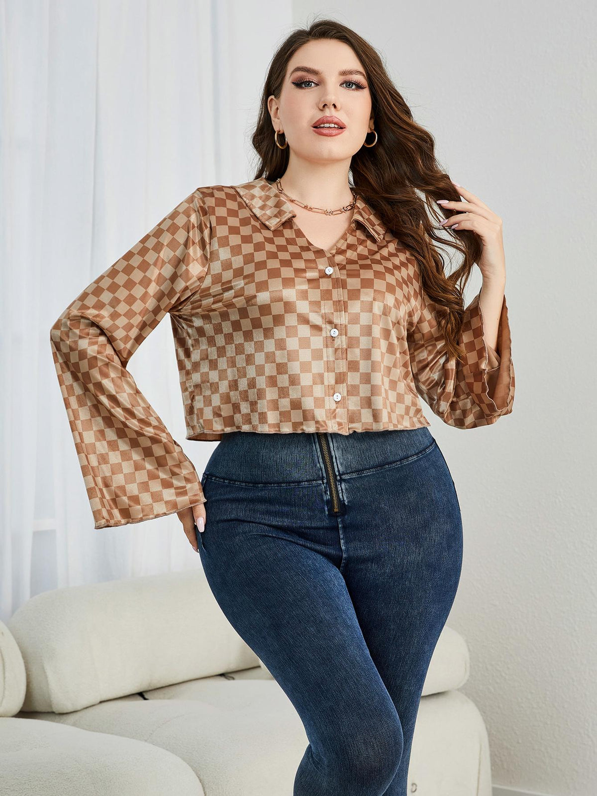 Checkered Johnny Collar Flare Sleeve Shirt