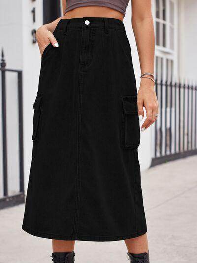 Slit Buttoned Denim Skirt with Pockets for Women