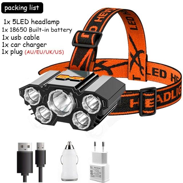 Adjustable USB Rechargeable Torch Lamp Built-in Battery 5 Led Strong Headlight Waterproof Rechargeable Super Bright Head-Mounted Flashlight For Outdoor Night Camping