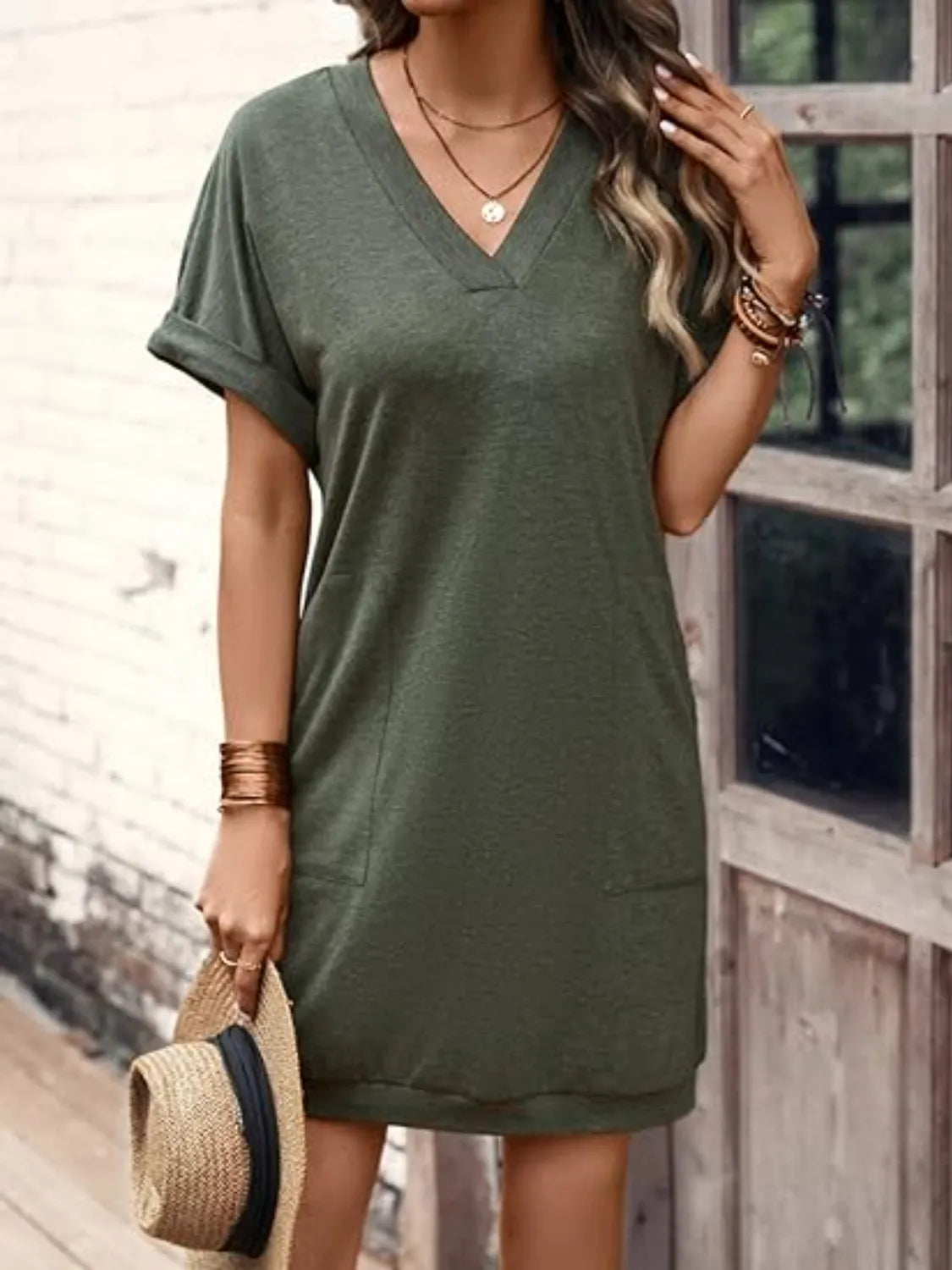 V-Neck Short Sleeve Mini Tee Dress