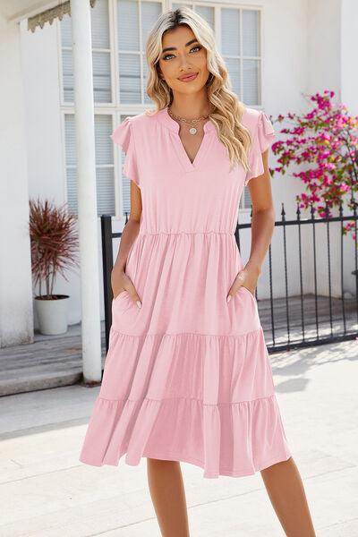 Ruched Notched Cap Sleeve Dress with Pockets and Stretch