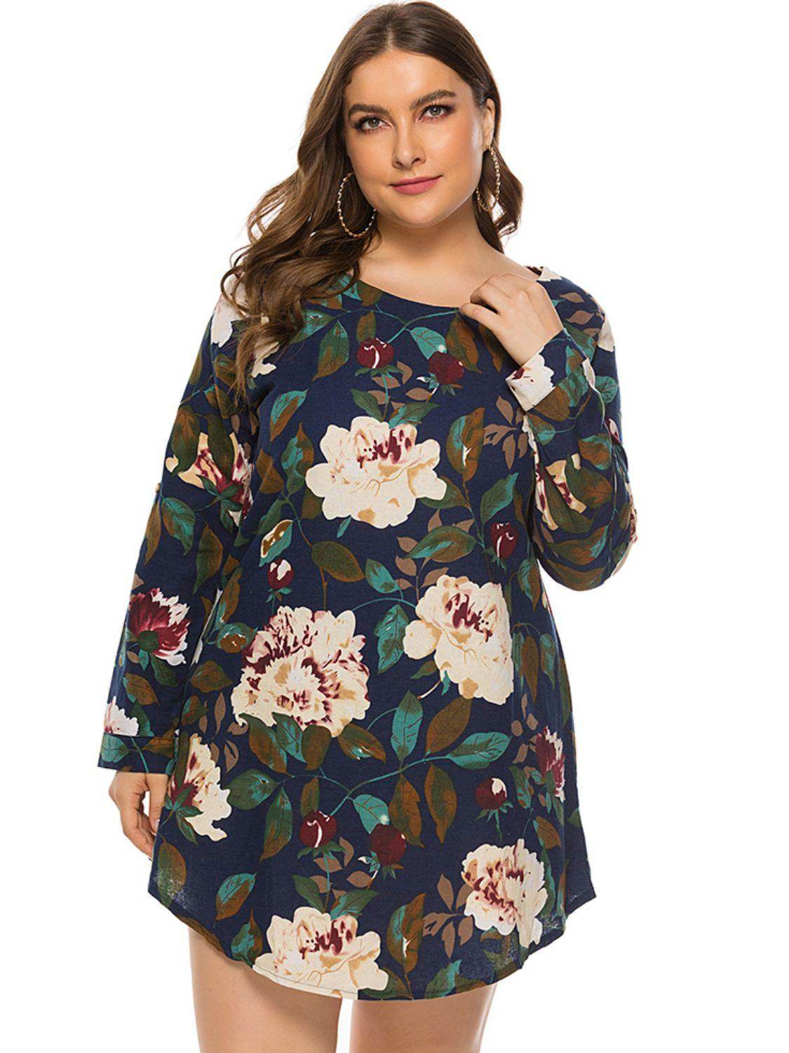 Full Size Floral Long Sleeve Mini Dress for Casual Wear