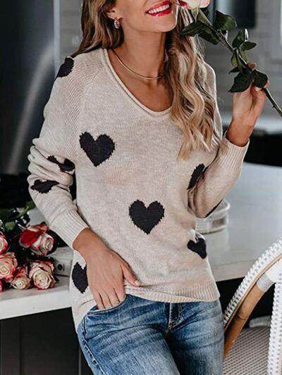 Heart Scoop Neck Long Sleeve Sweater for Women Cozy Style