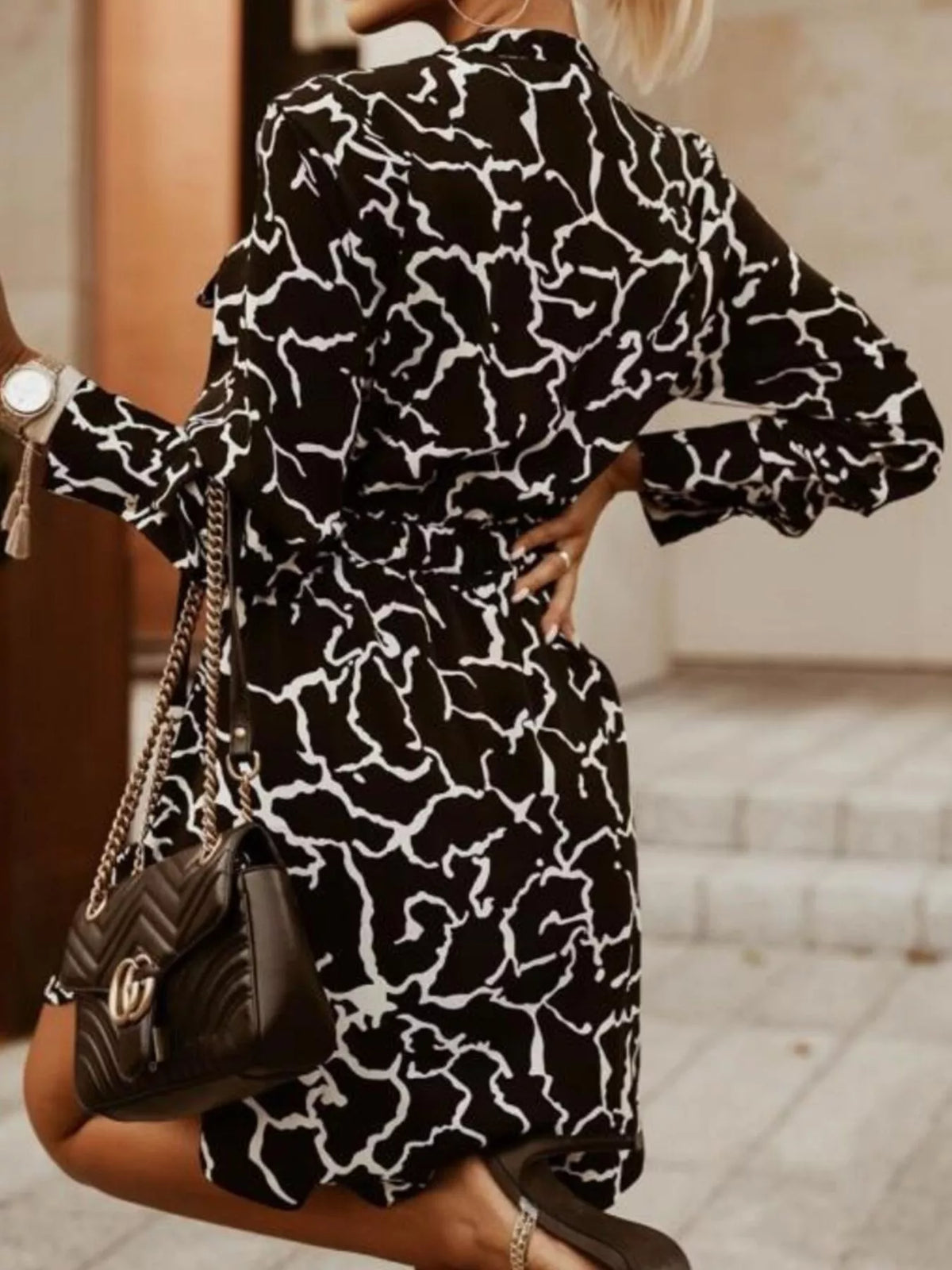Printed Button Front Long Sleeve Dress
