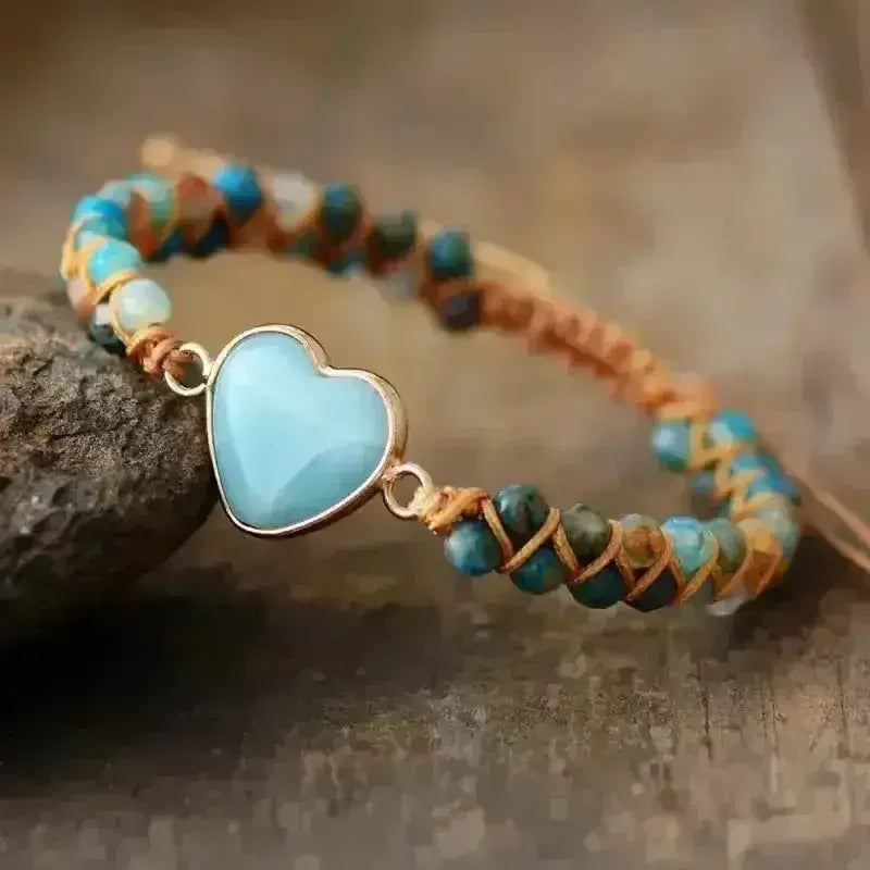 Amazonite Bracelet – Sky Blue Macrame | Adjustable Heart Charm