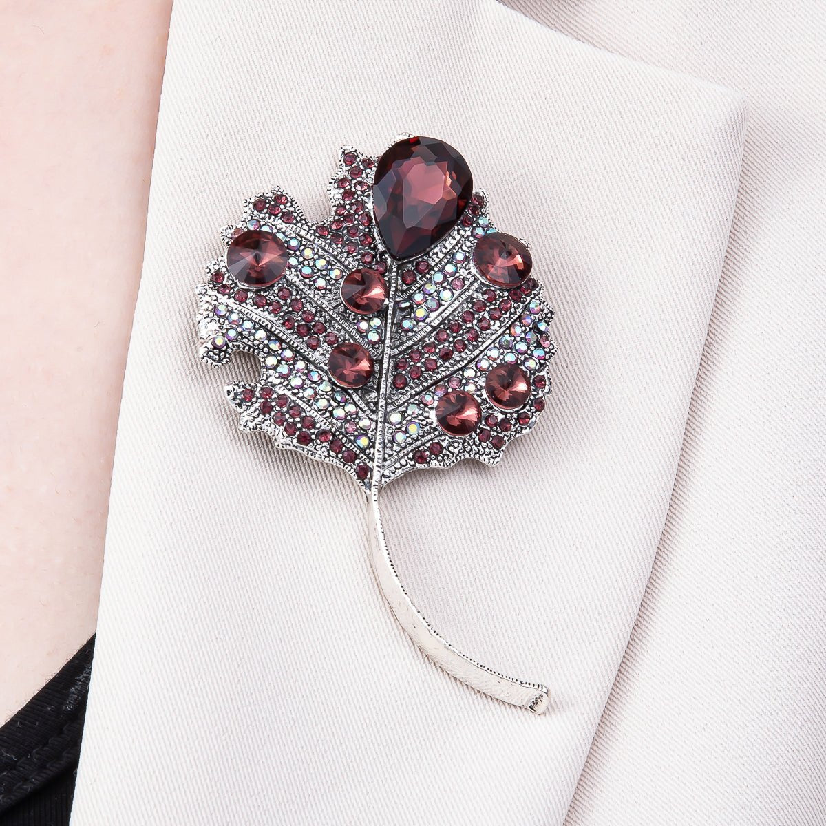 Antique Silver 80mm x 47mm Red Rhinestone Nature Leaf Plant Pin Brooch | BH-139