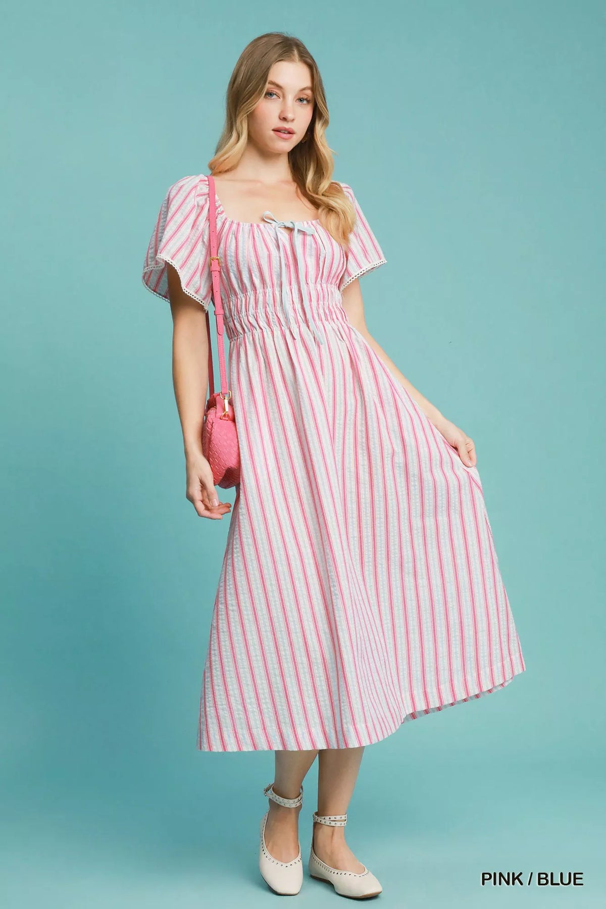 Umgee Smocked Striped Short Sleeve Midi Dress