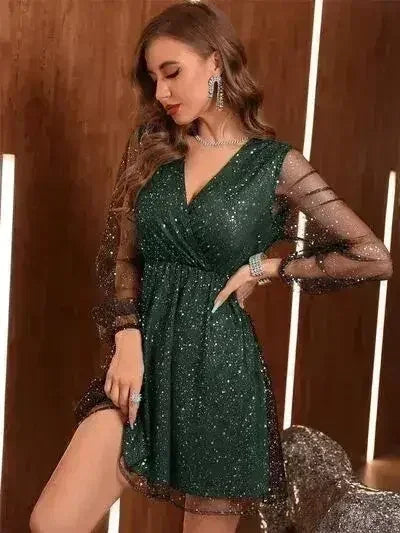 Glitter Surplice Long Sleeve Mini Dress