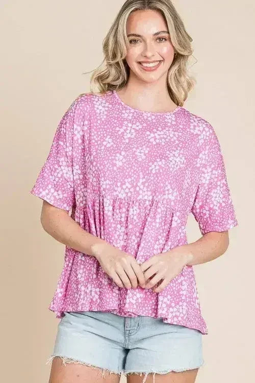 Floral Peplum Blouse - Round Neck Women&
