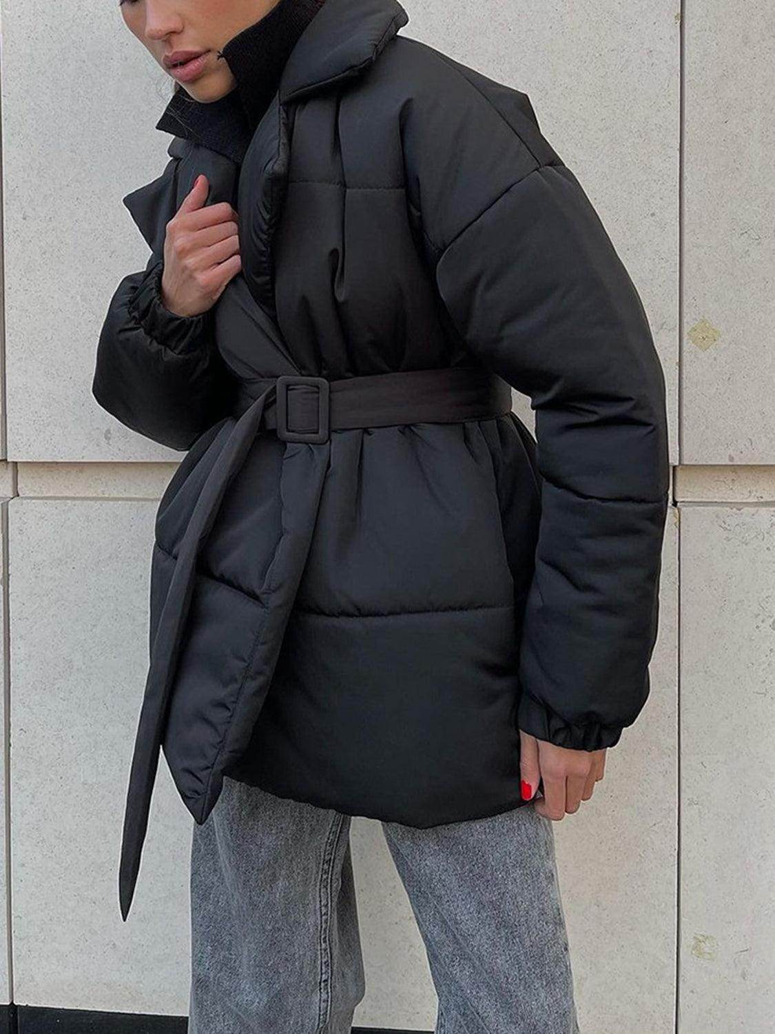 Puffer Long Sleeve Winter Coat with Belt for Women