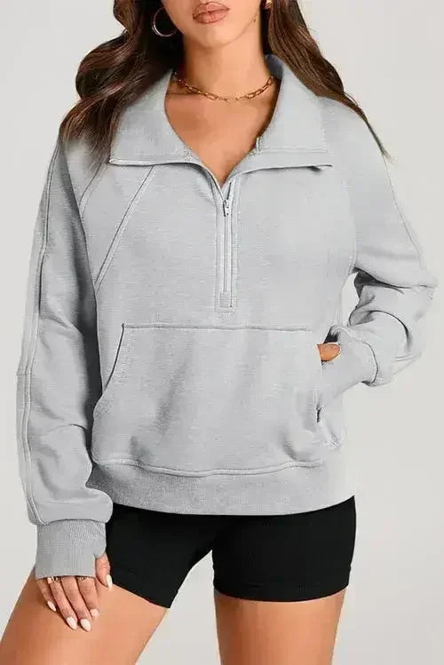 Moss Green Quarter Zip Stand Neck Kangaroo Pocket Sweatshirt