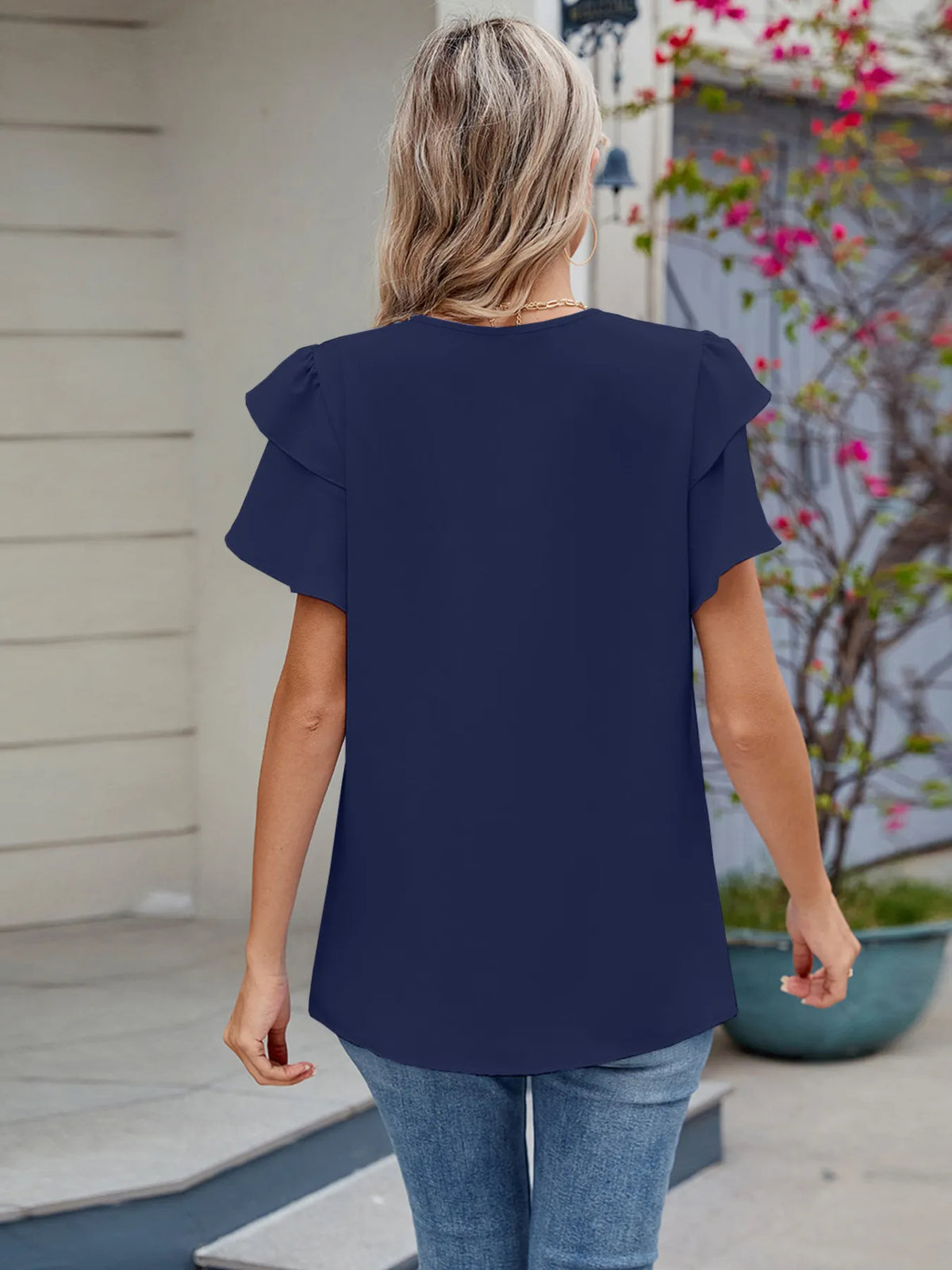 Round Neck Ruffled Layered Sleeve Blouse