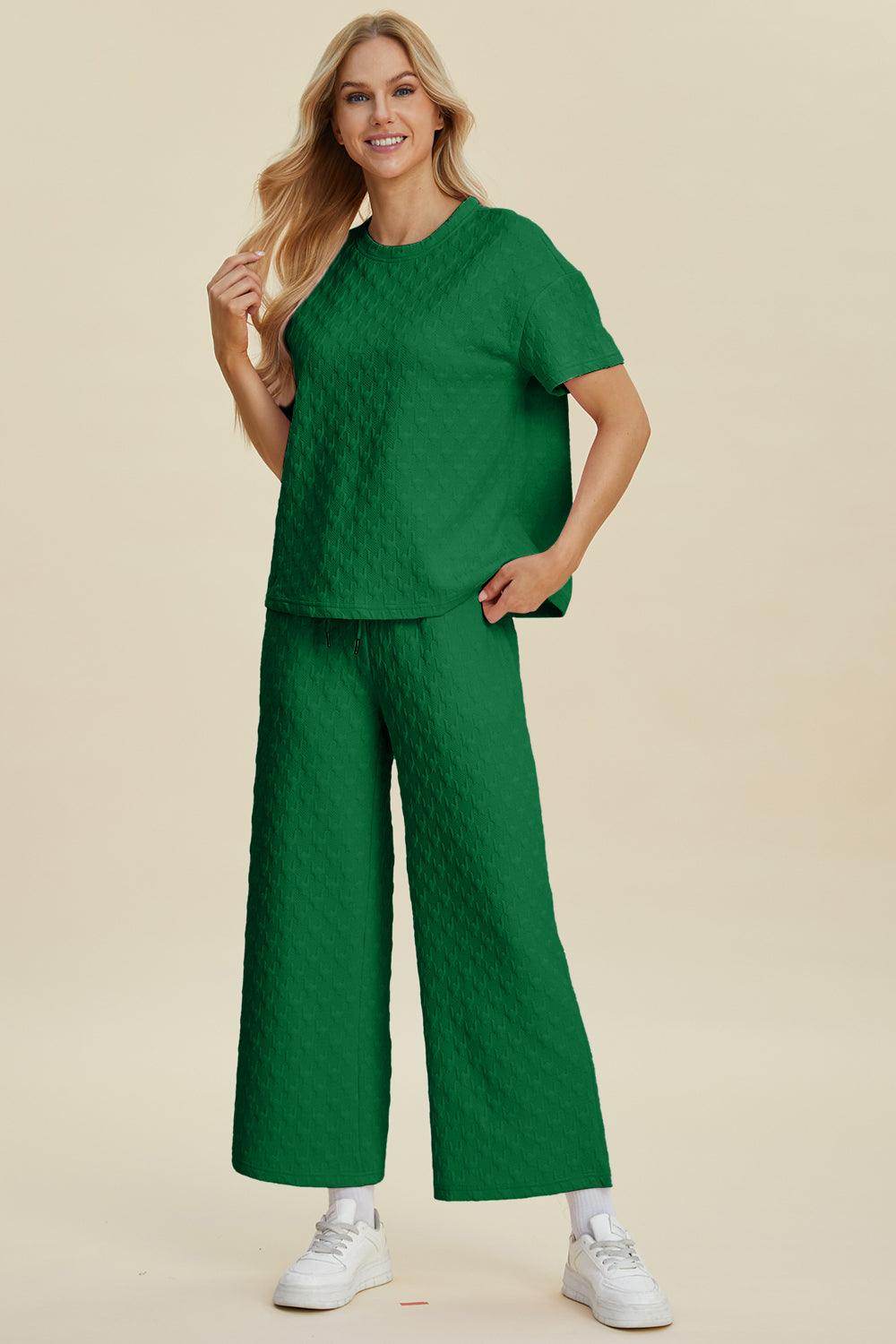 Double Take Full Size Texture Round Neck Top and Pants Set