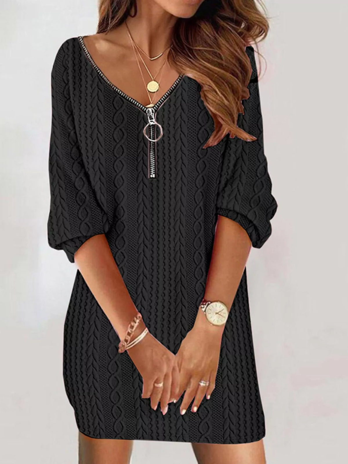 Zip Detail Textured Knit Mini Sweater