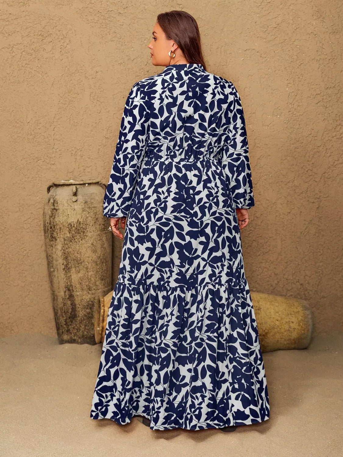Plus Size Floral Print Notched Long Sleeve Maxi Dress