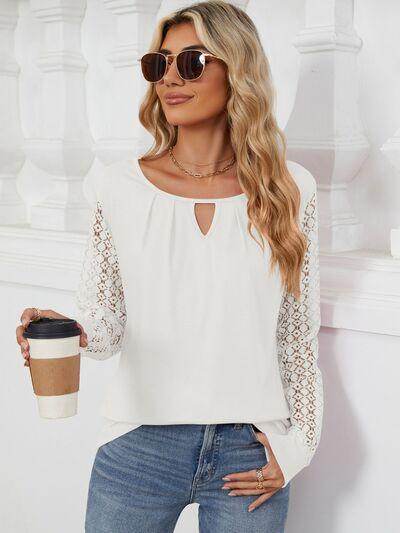 Cutout Round Neck Long Sleeve T-Shirt with Lace Detail