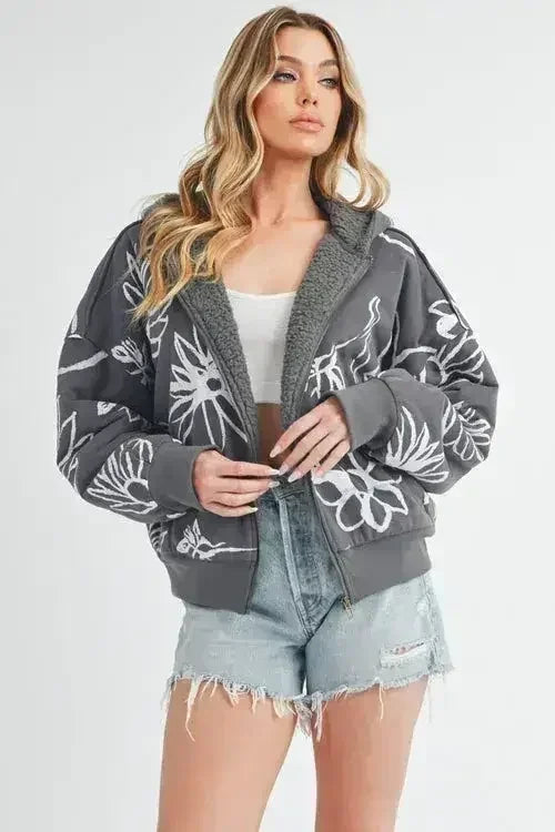 Aemi + Co Flower Print Zip Up Sherpa Hoodie