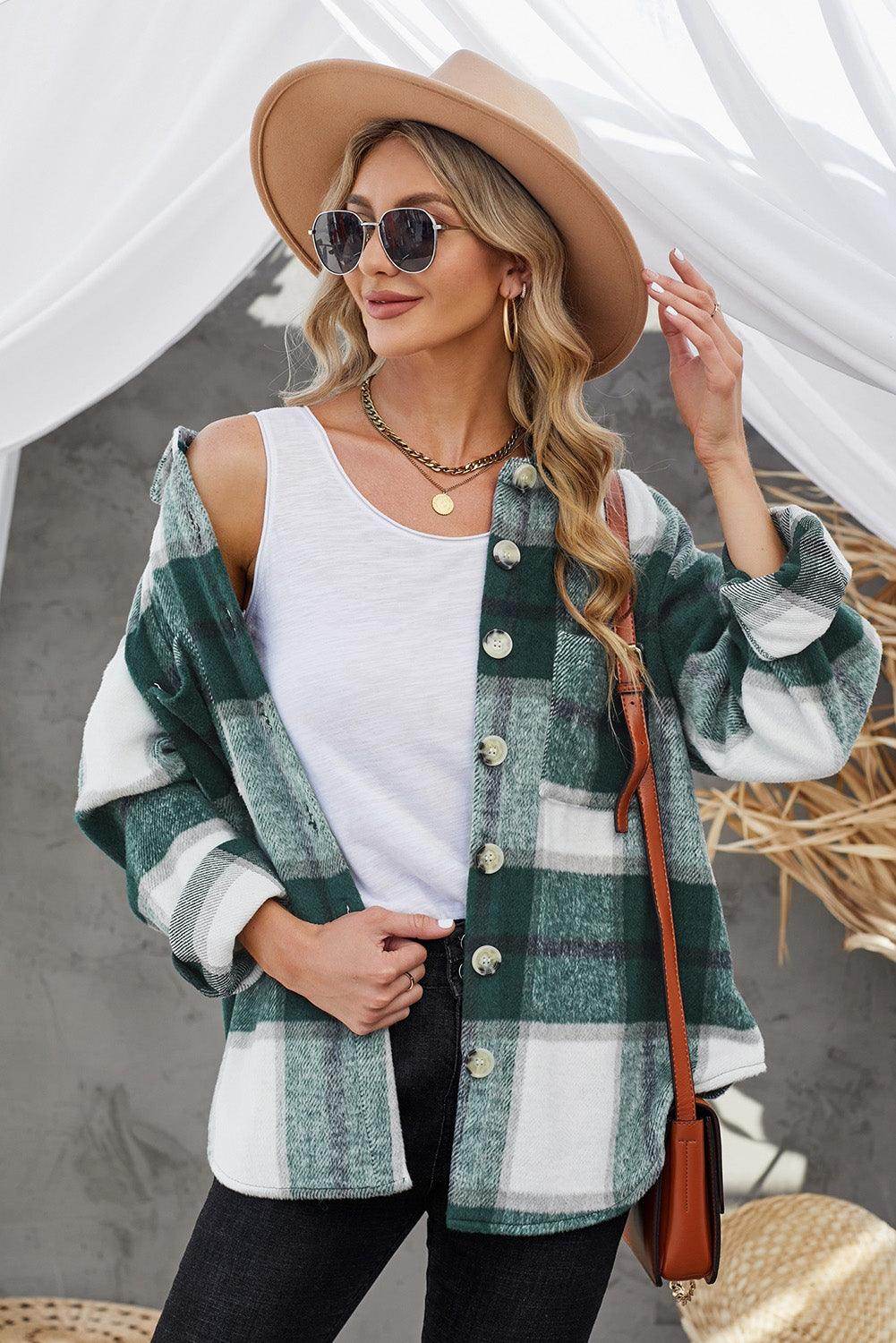 Plaid Button Up Dropped Shoulder Jacket for Women Stylish