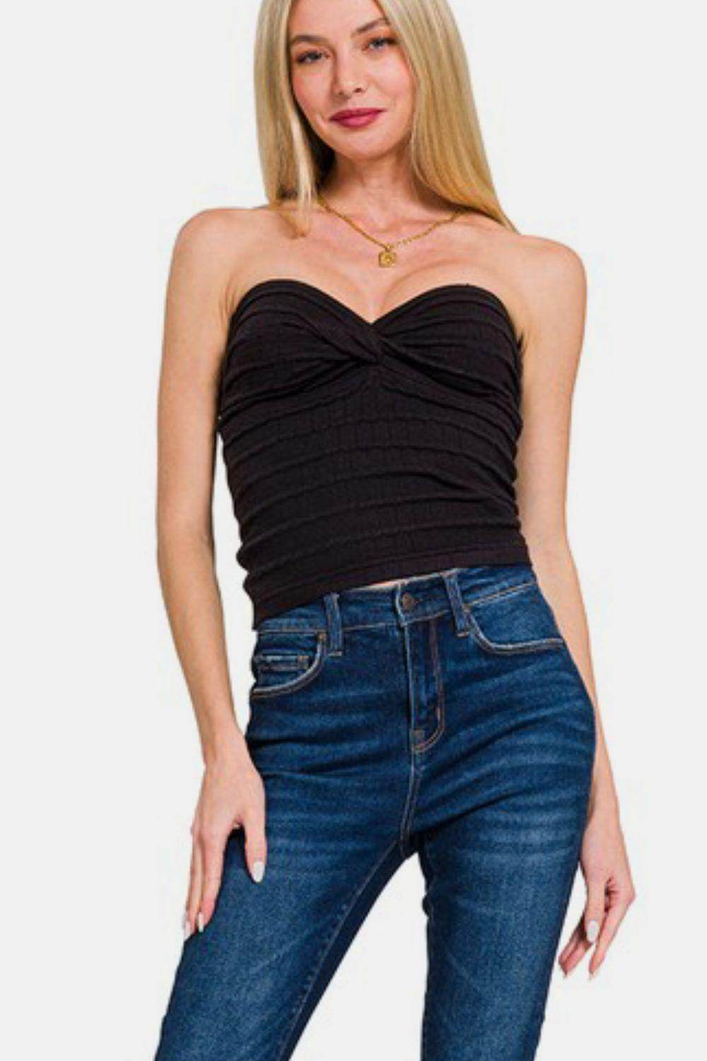 Zenana Ruched Twisted Sweetheart Neck Top for Women