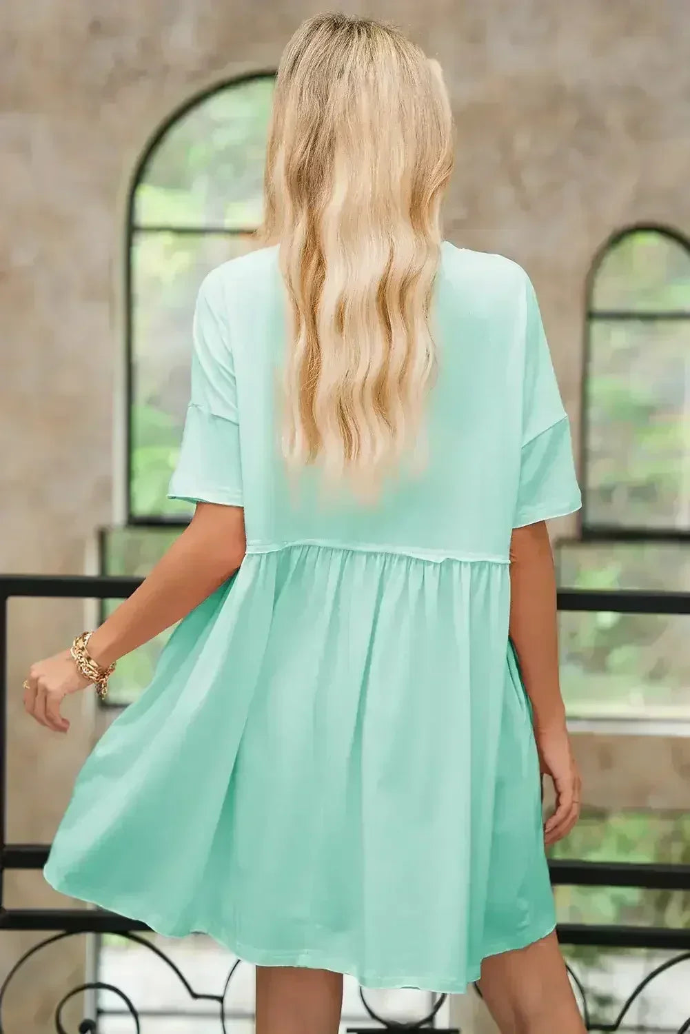 Sky Blue Solid Color Pocket Raw Edge Babydoll Dress
