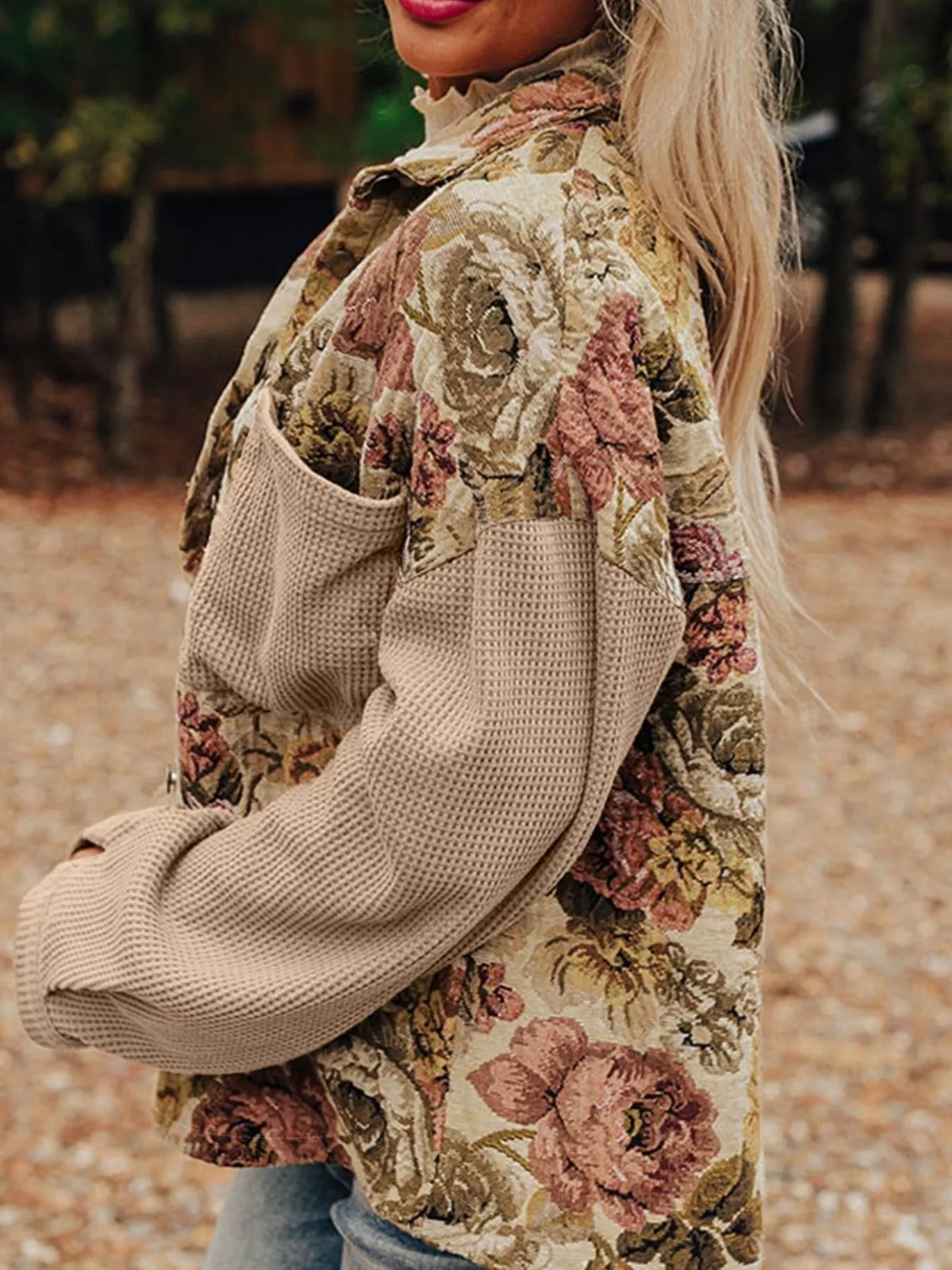 Floral Waffle Knit Patchwork Chest Pockets Buttoned Jacket