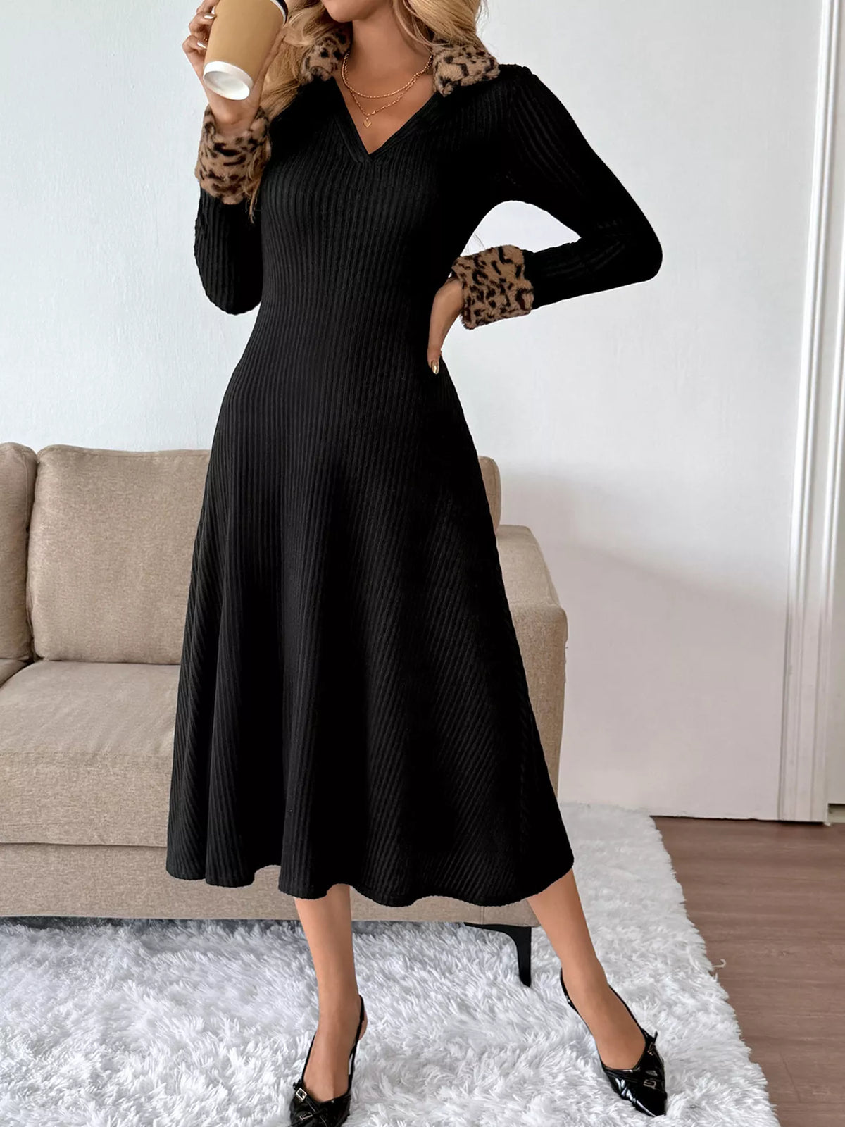 Leopard Cuff Johnny Collar Midi Dress