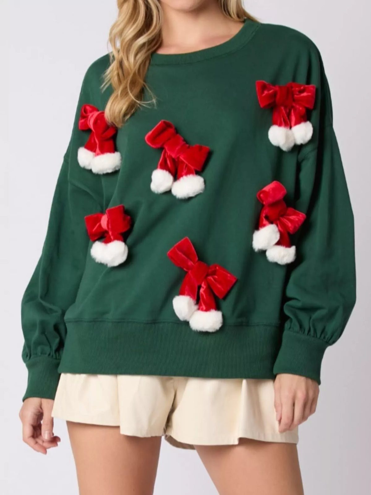 Christmas Long Sleeve Sweatshirt with Pom-Pom Bow Decoration