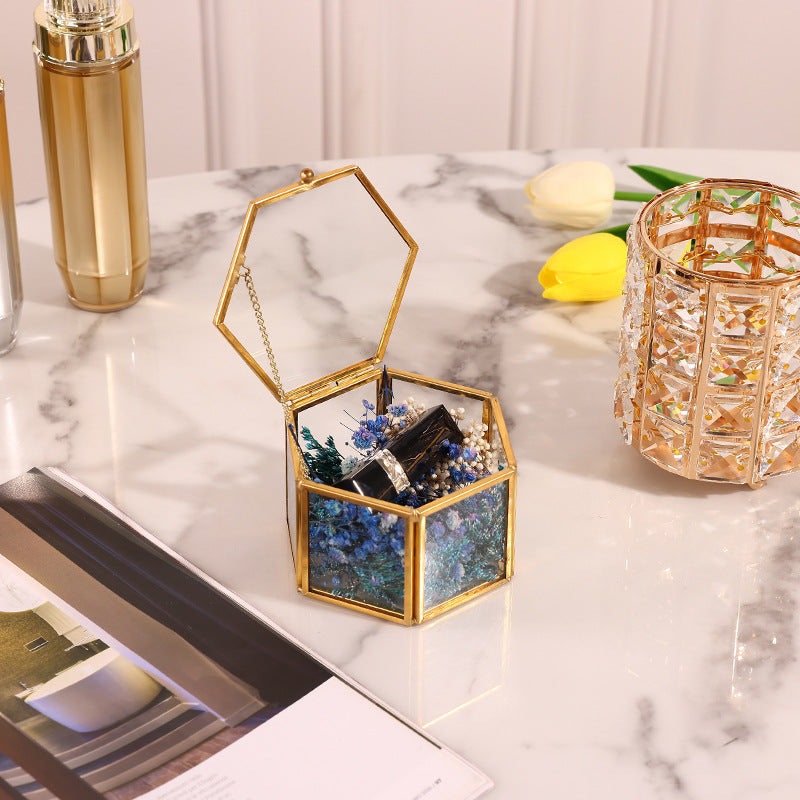 Mini Gold Eternal Flower Hexagon Glass Jewellery Ring Box