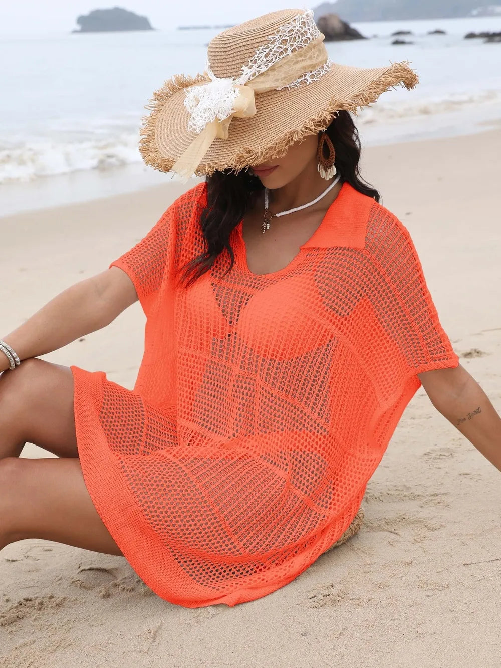 Hollow Out Collared Neck Cover-Up